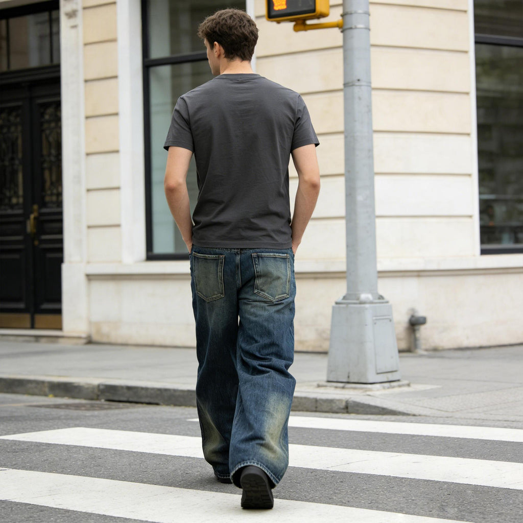 Mens Retro Washed Wide-Leg Loose-Fit Denim Jeans