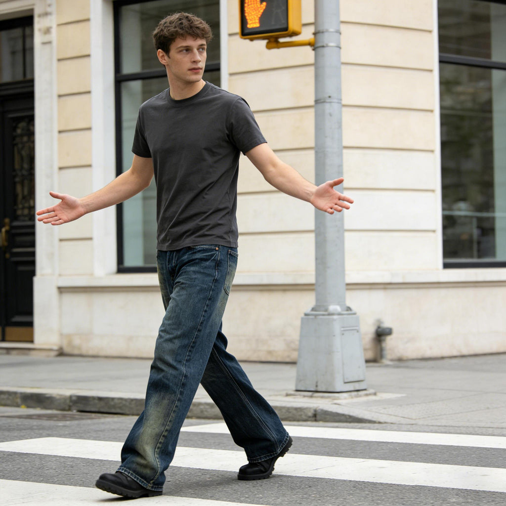 Mens Retro Washed Wide-Leg Loose-Fit Denim Jeans