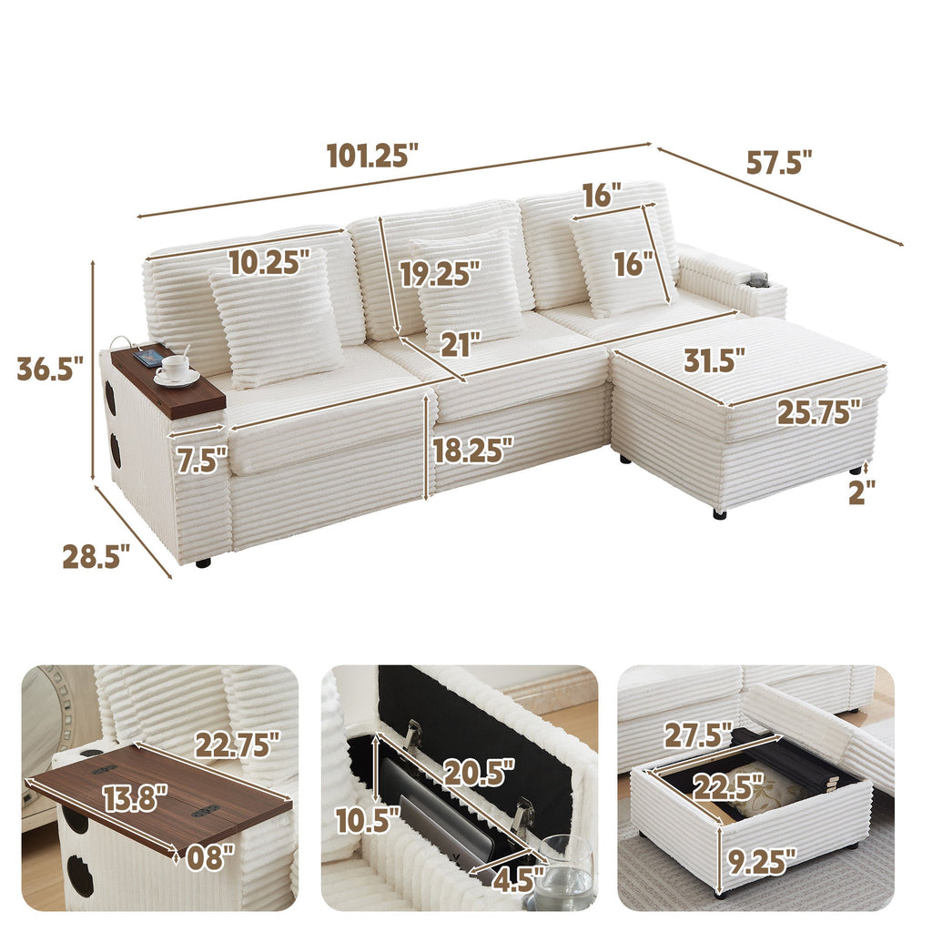 Oversized Modular Sectional Couch,Corduroy Sofa with  Cup Holders, USB Port,Storage Space and Bluetooth Speaker for Living room and Bedroom