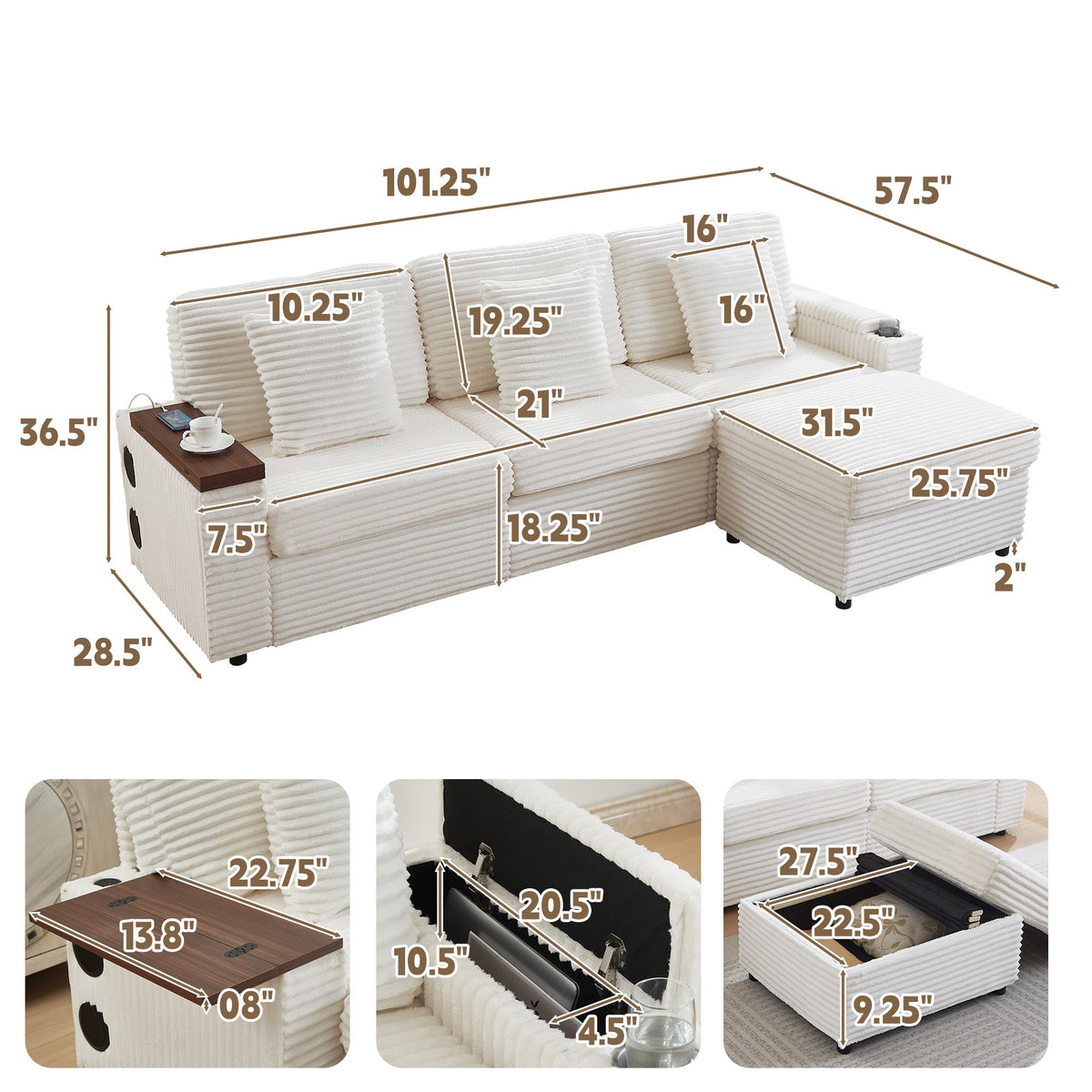 Oversized Modular Sectional Couch,Corduroy Sofa with  Cup Holders, USB Port,Storage Space and Bluetooth Speaker for Living room and Bedroom
