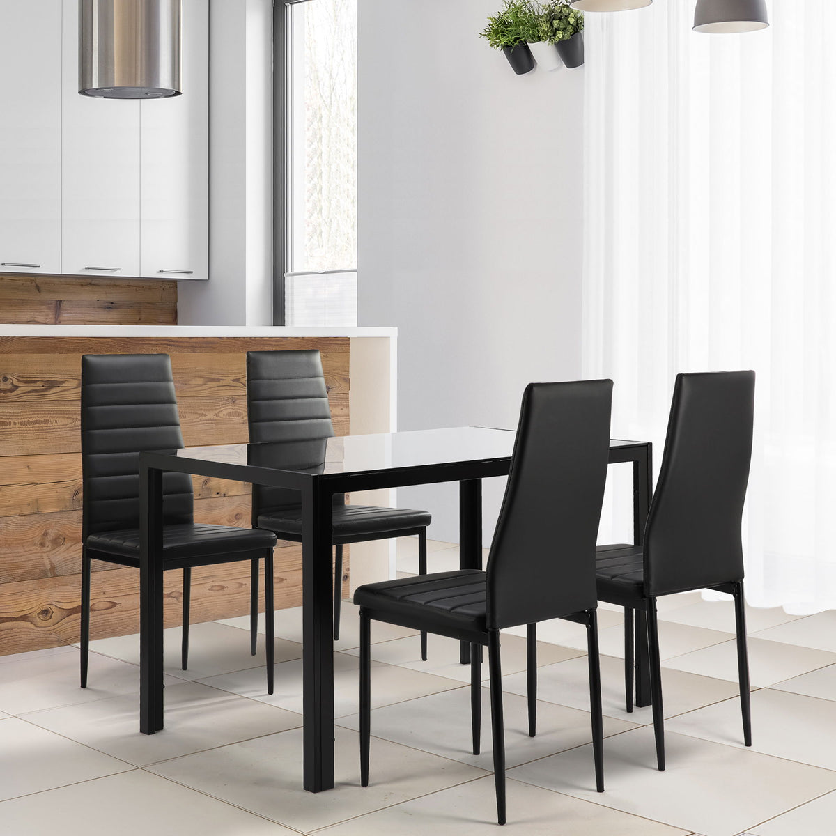 5 Piece Dining Table Set for 4 with Tempered Glass Table – Black