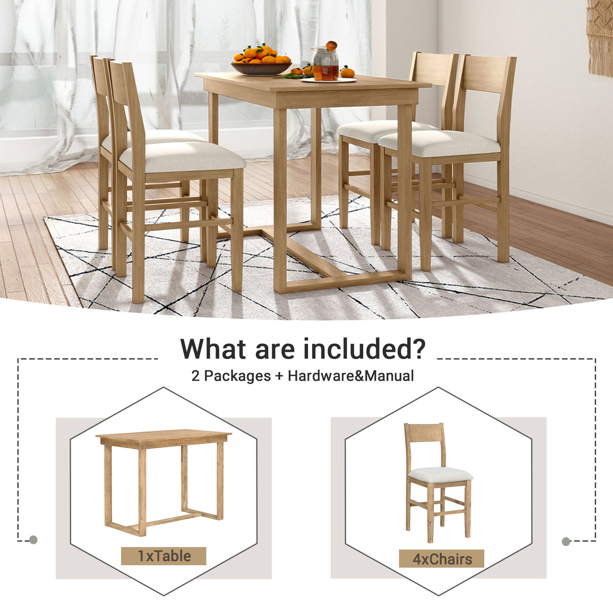 TOPMAX farmhouse countertop height 5-piece dining table set with 1 rectangular dining table and 4 brown dining chairs