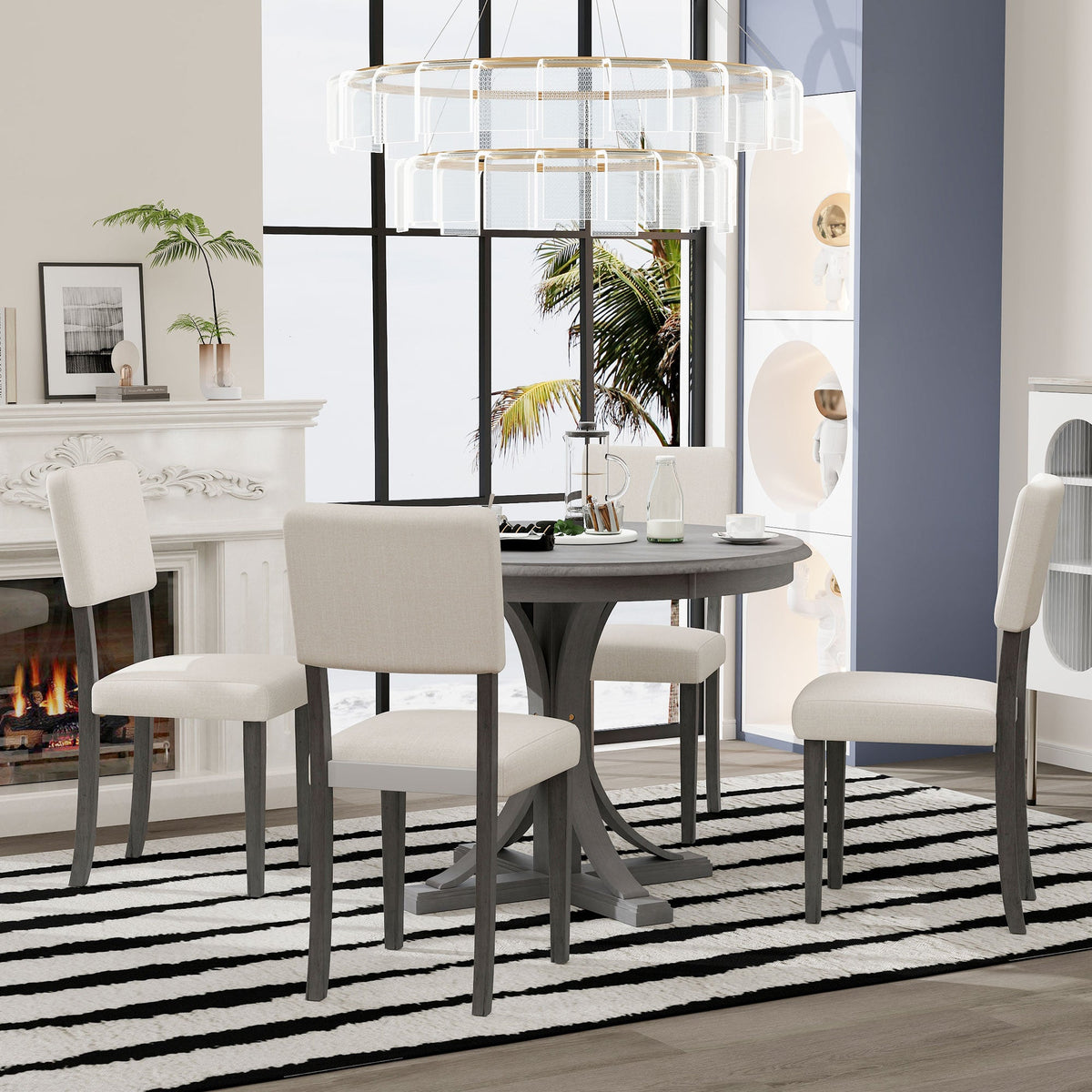 TREXM Five Piece Retro Round Dining Table Set with Curved Brackets and 4 Restaurant Cushioned Chairs (Dark Gray)