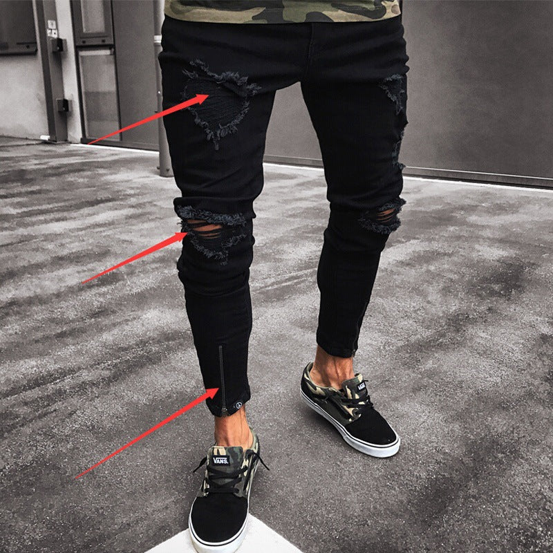 Cross-border Jeans Men's Wish New Black Ripped Stretch Zipper Men's Skinny Pants European And American Fashion