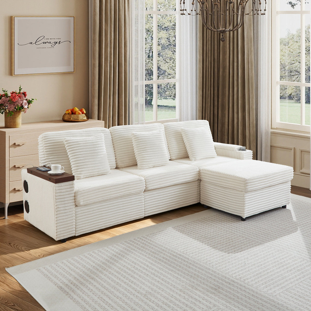 Oversized Modular Sectional Couch,Corduroy Sofa with  Cup Holders, USB Port,Storage Space and Bluetooth Speaker for Living room and Bedroom
