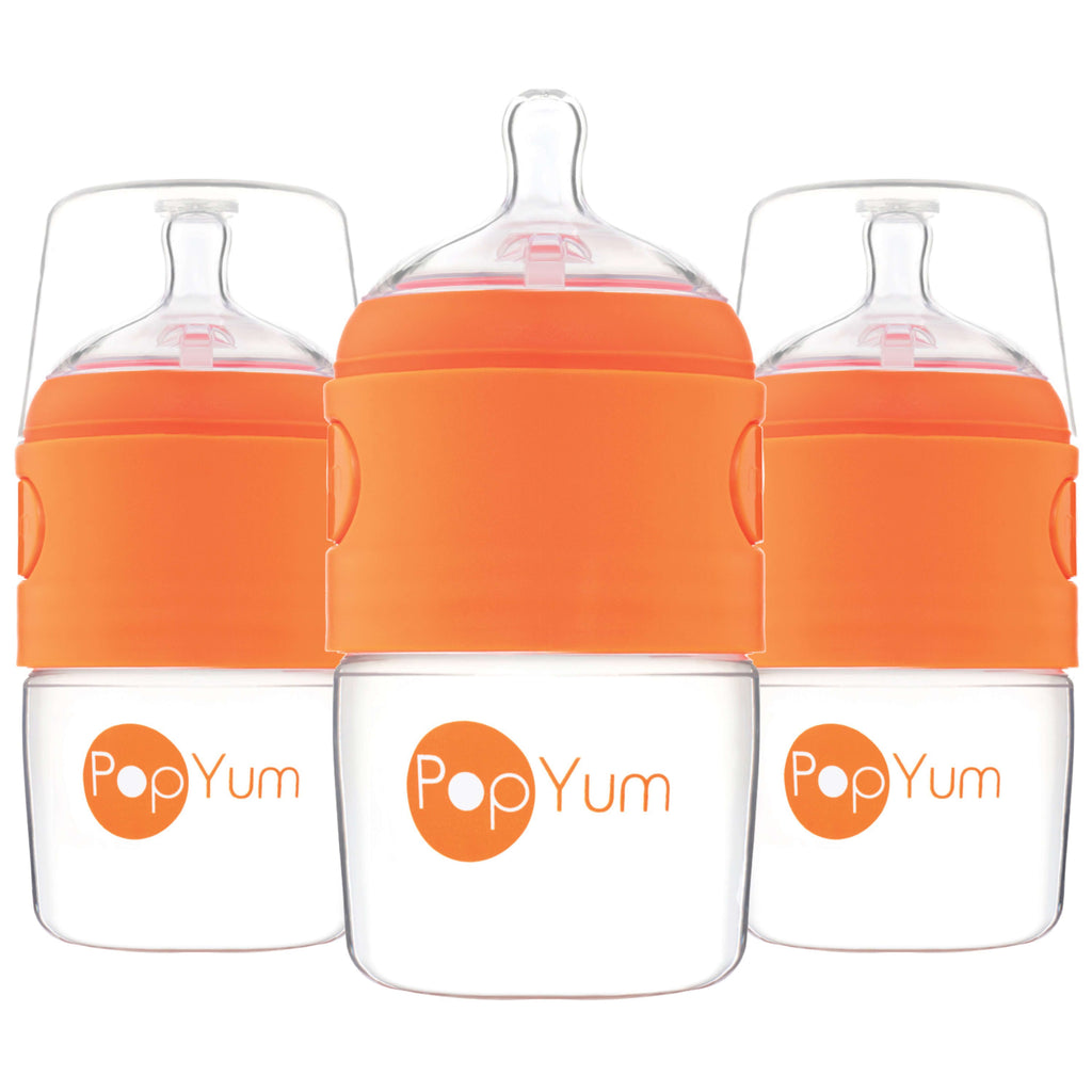 PopYum 5oz Anti-Colic Baby Bottle for Breast and Formula Feeding, 3-Pack, Orange, #1 Slow Flow Nipples