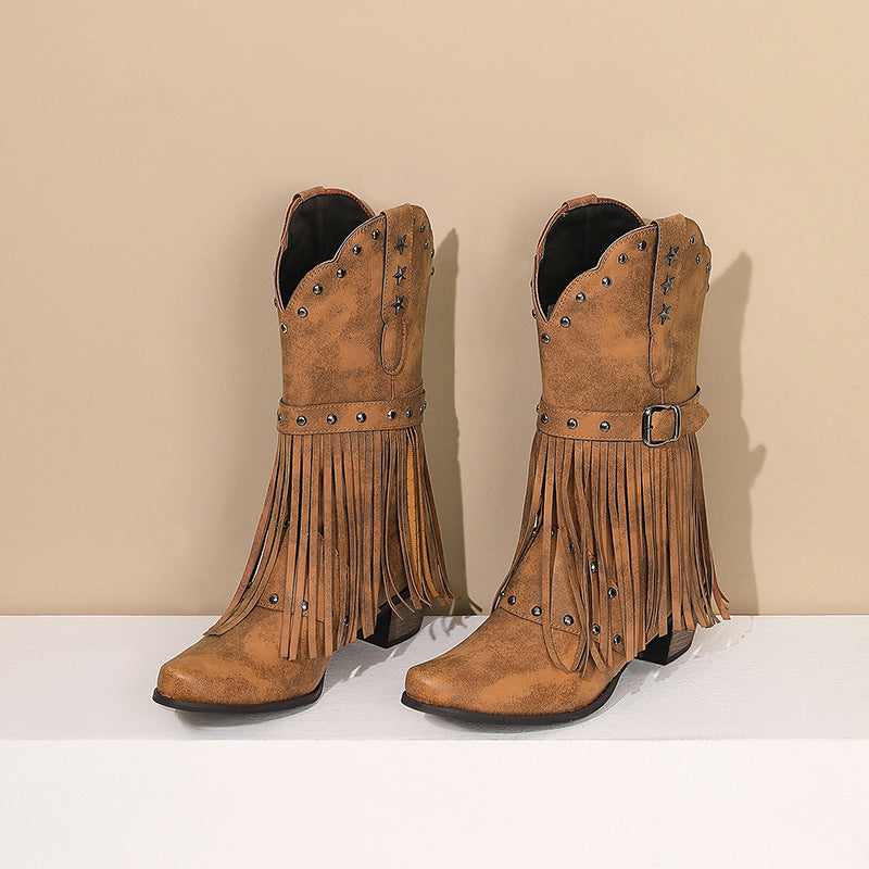 Autumn And Winter Tassel Women's Western Rivet Belt Buckle Tassel Middle Boots