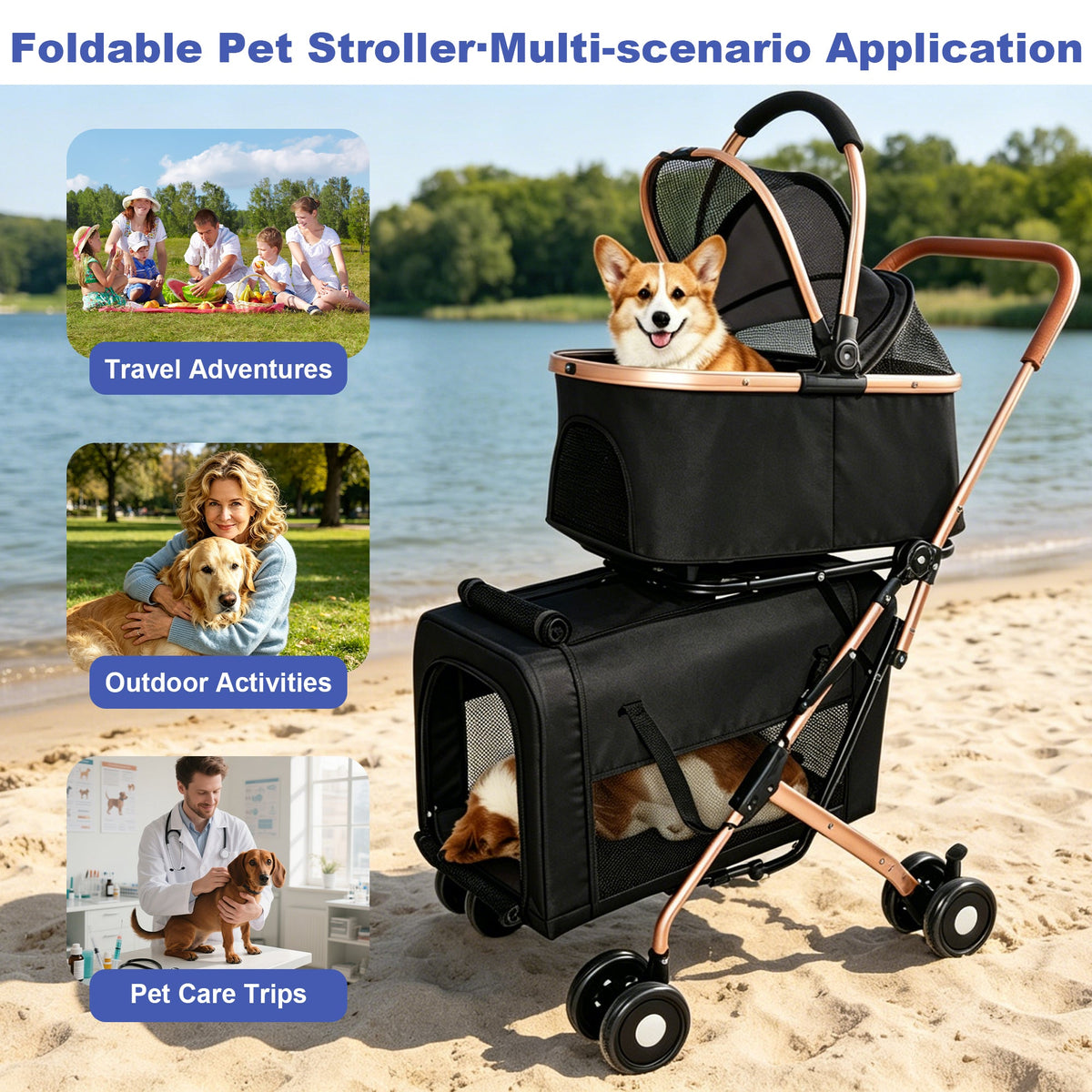 Double Pet Stroller for Small and Medium Dogs and Cats with Foldable Frame - Carbon-Steel