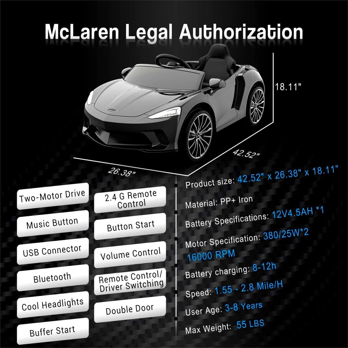 Licensed Lamborghini McLaren 12V Electric Ride-On Car for Kids with Remote Control