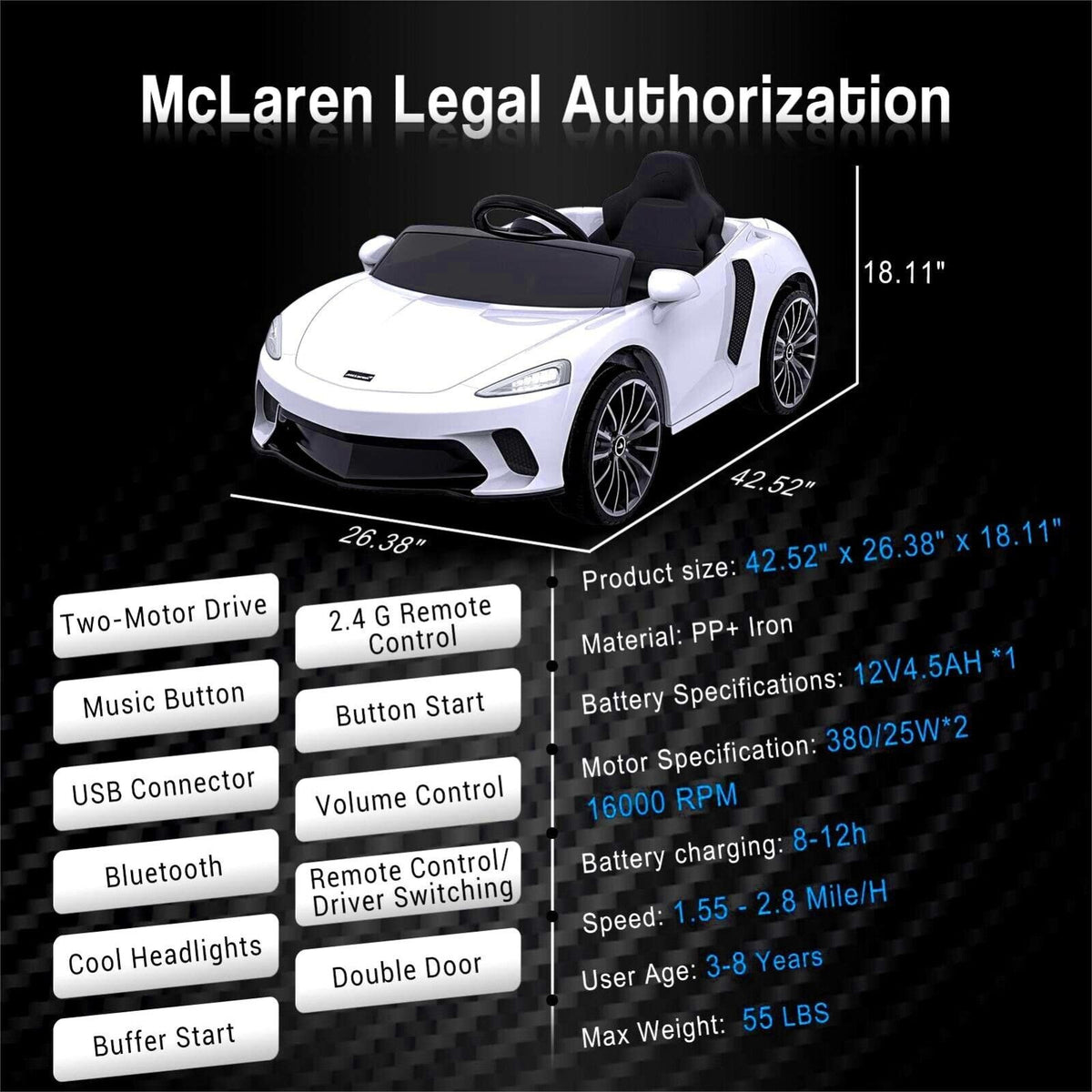 Licensed Lamborghini McLaren 12V Electric Ride-On Car for Kids with Remote Control