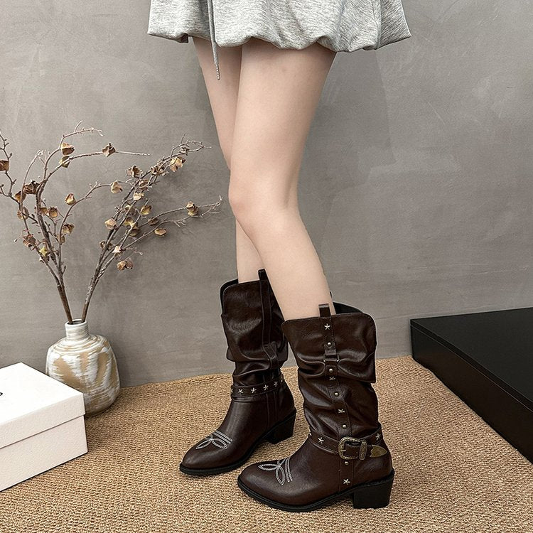 Women Western Cowboy Mid Calf Boots Star Embroidery Antique Metal Buckle Straps Slouch Ruched Shaft Faux Leather Snip Pointed Toe Block Heel Pull On Retro Cowgirl Fall Winter Boots