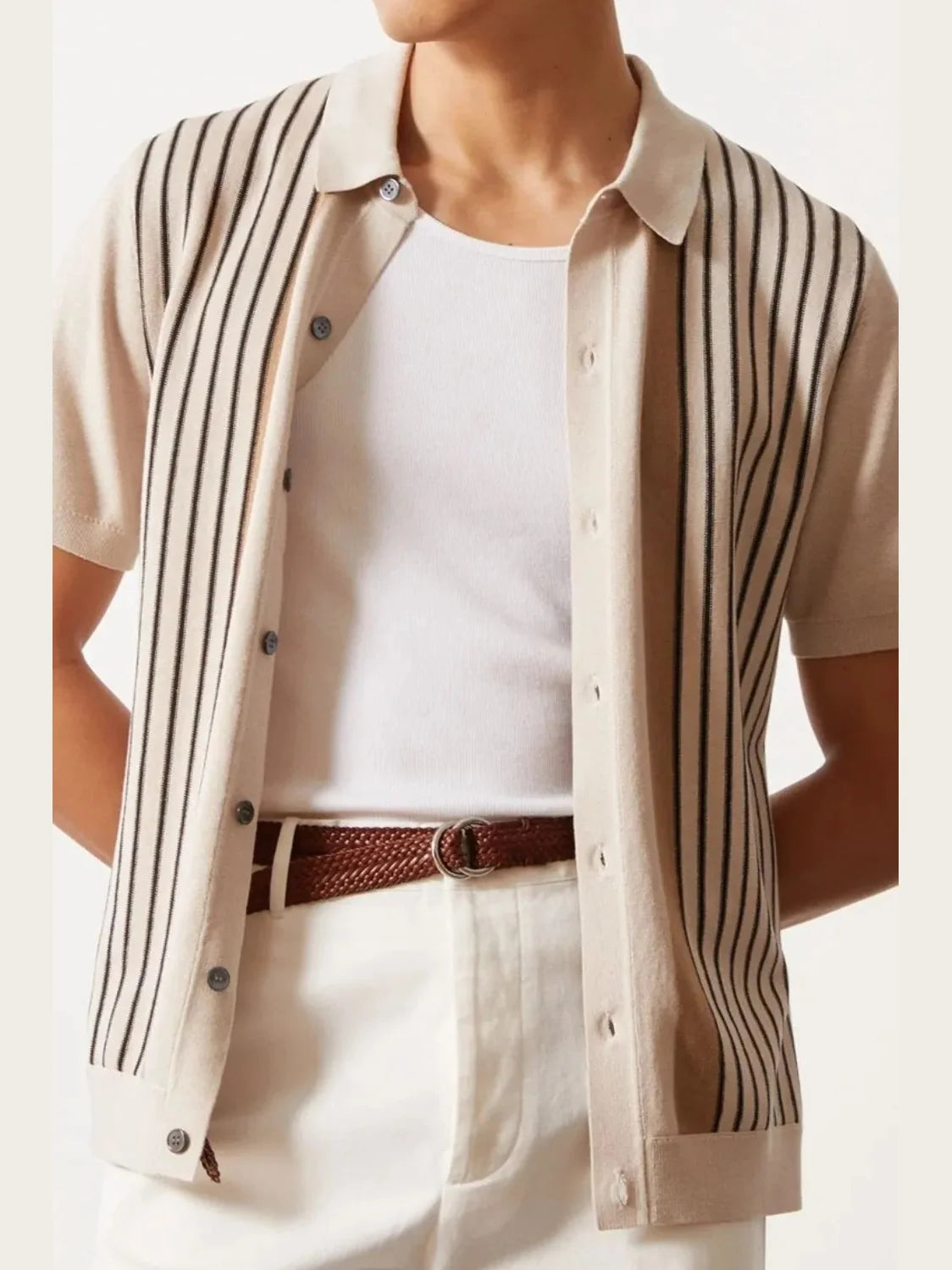 Men's Full Size Striped Button-Up Short Sleeve Shirt