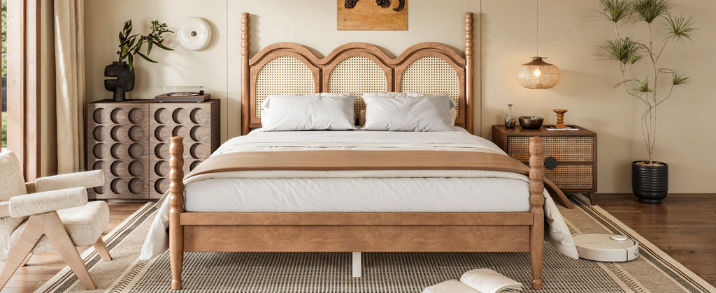 Queen Size Platform Bed with Arched Woven Headboard, Four Poster Stylish Wooden Bed Frame, Elegant Curved Headboard Bed Frame For Bedroom,Natural