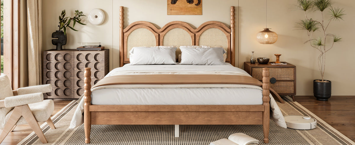 Queen Size Platform Bed with Arched Woven Headboard, Four Poster Stylish Wooden Bed Frame, Elegant Curved Headboard Bed Frame For Bedroom,Natural