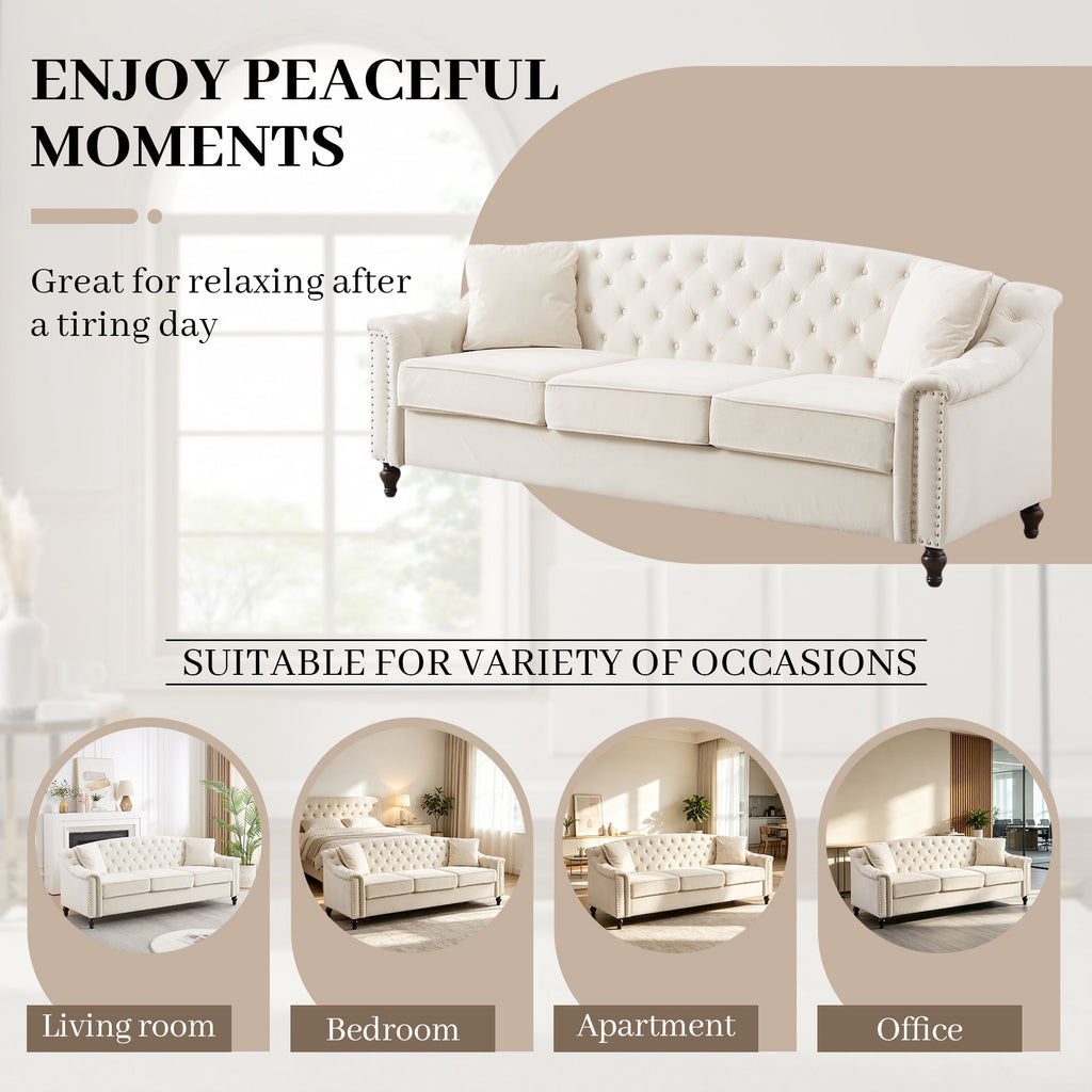 82' Velvet Chesterfield Sofa for Living Room and Apartment, Button Tufting on Backrest and Armrests, Arm Nailhead Trim,Modern Upholstered Couch with Premium Solid Wood Legs, Sofa for Bedroom