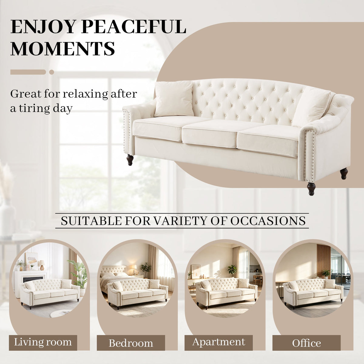82' Velvet Chesterfield Sofa for Living Room and Apartment, Button Tufting on Backrest and Armrests, Arm Nailhead Trim,Modern Upholstered Couch with Premium Solid Wood Legs, Sofa for Bedroom