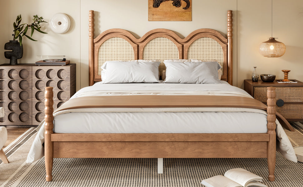 Queen Size Platform Bed with Arched Woven Headboard, Four Poster Stylish Wooden Bed Frame, Elegant Curved Headboard Bed Frame For Bedroom,Natural
