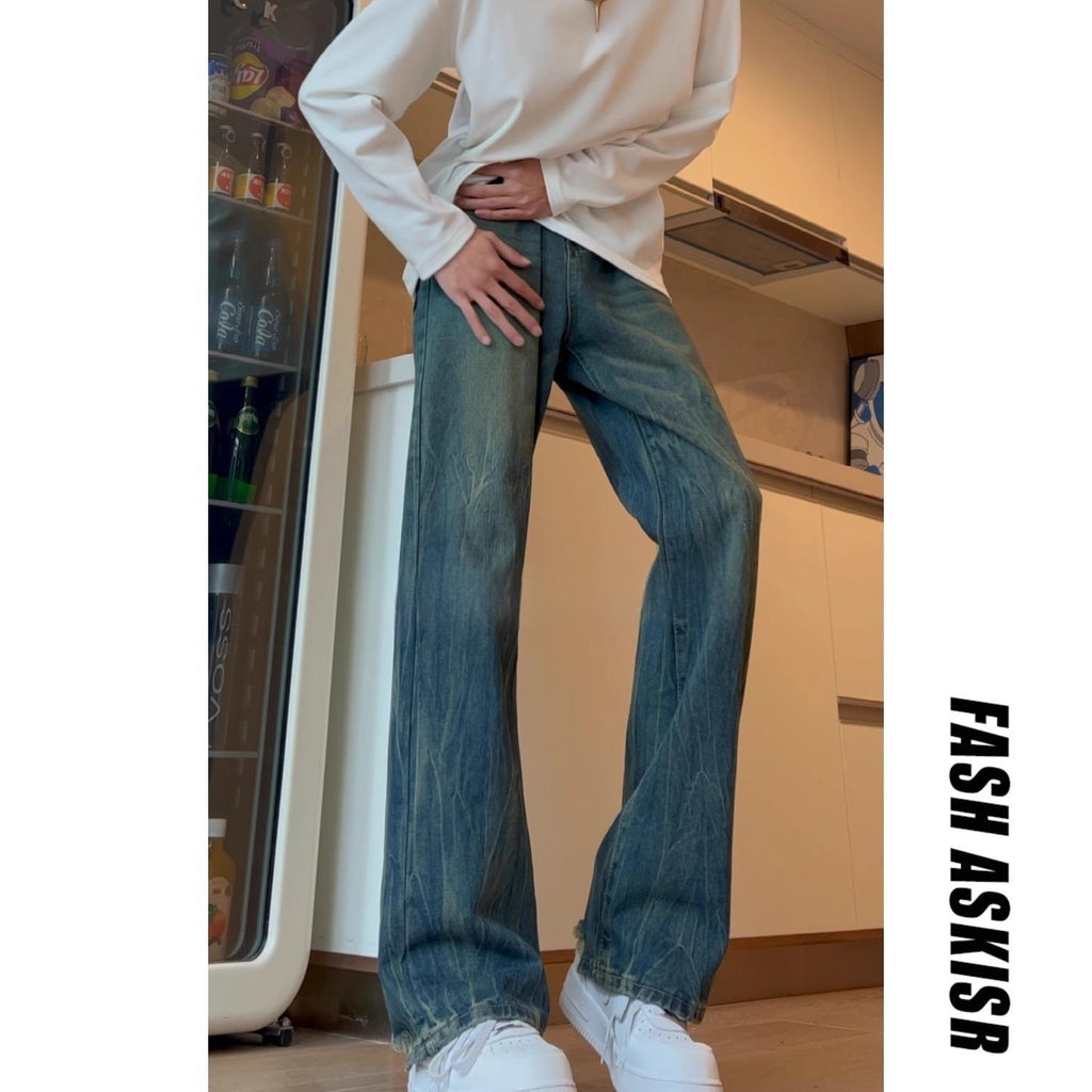 Mens Washed Straight-Slit Denim Jeans