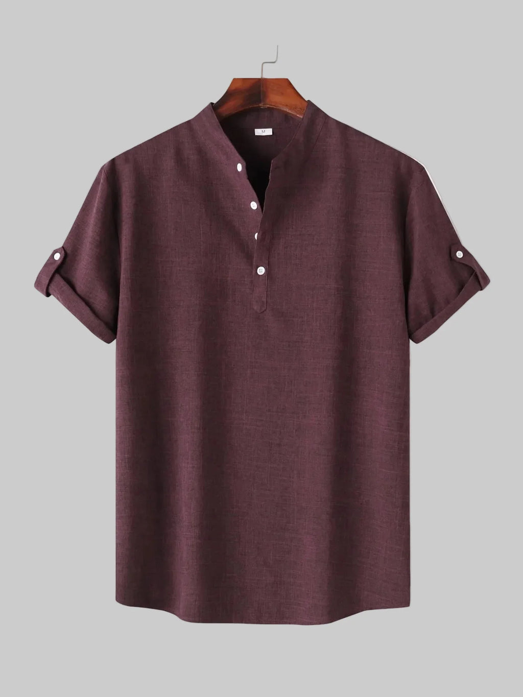 Men's Casual Linen-Look Mandarin Collar Short Sleeve Shirt
