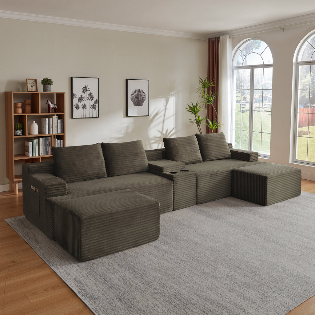 Compressible U-Shaped Sectional Sofa Set,Minimalist Style Modular Sectional Sofa, Corduroy Fabric Cloud Couch for Living Room