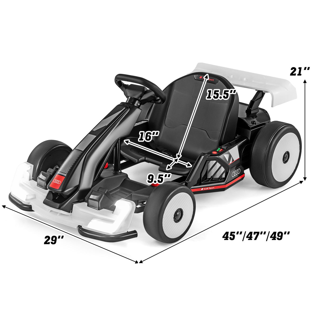 24V Kids Go Kart Licensed Audi Adjustable Ride on Racing Toy with Horn-Black & White