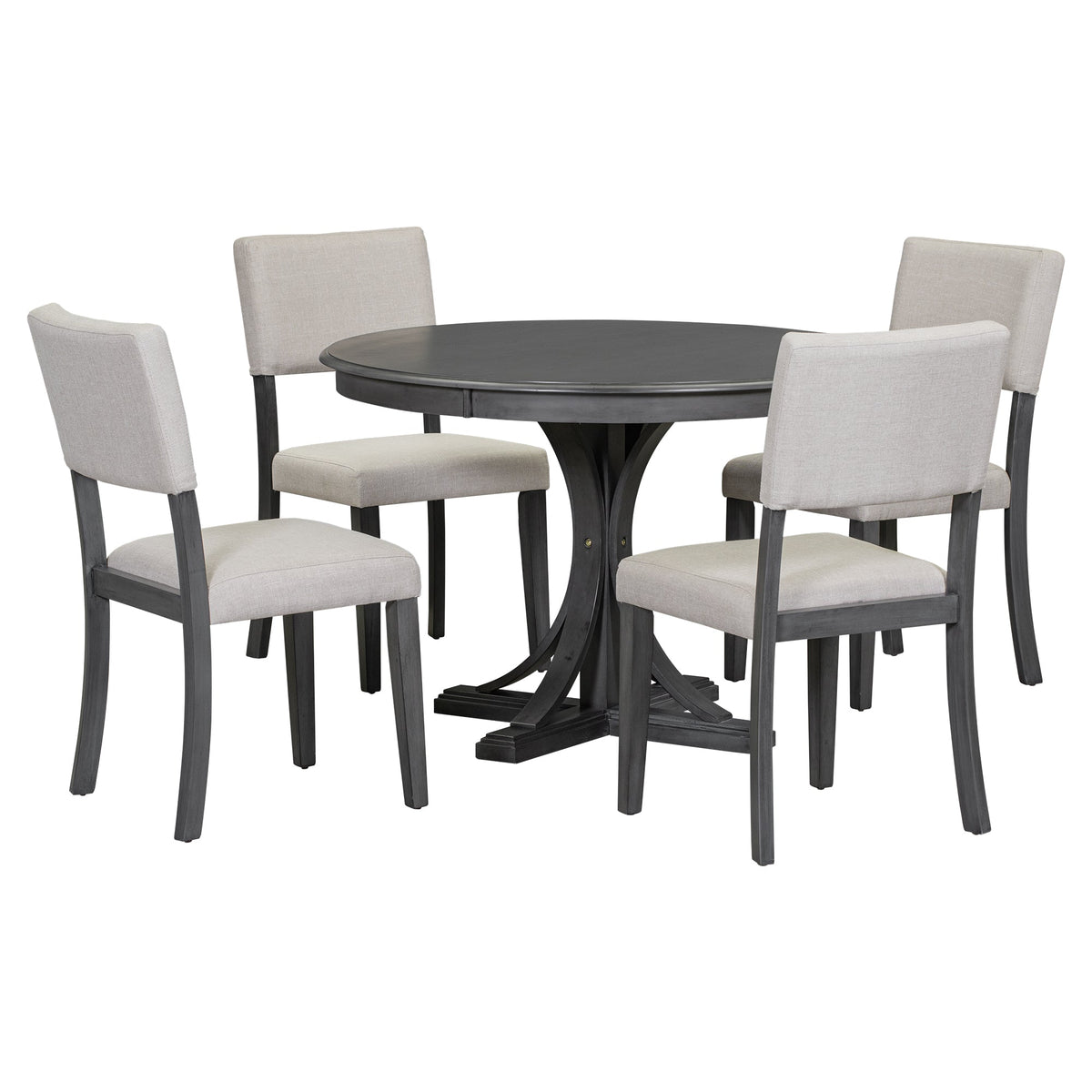 TREXM Five Piece Retro Round Dining Table Set with Curved Brackets and 4 Restaurant Cushioned Chairs (Dark Gray)