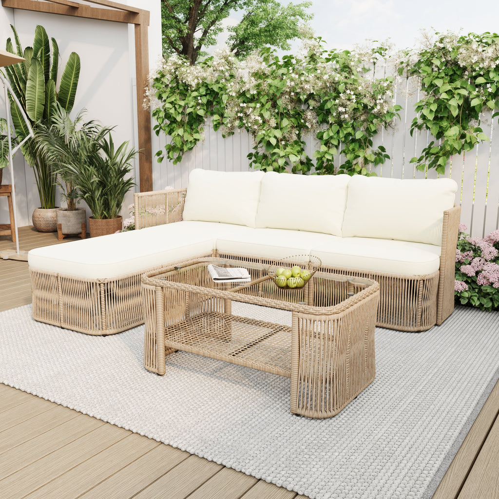 Outdoor PE Rattan Patio Furniture Set with Iron Frame - Dark Beige