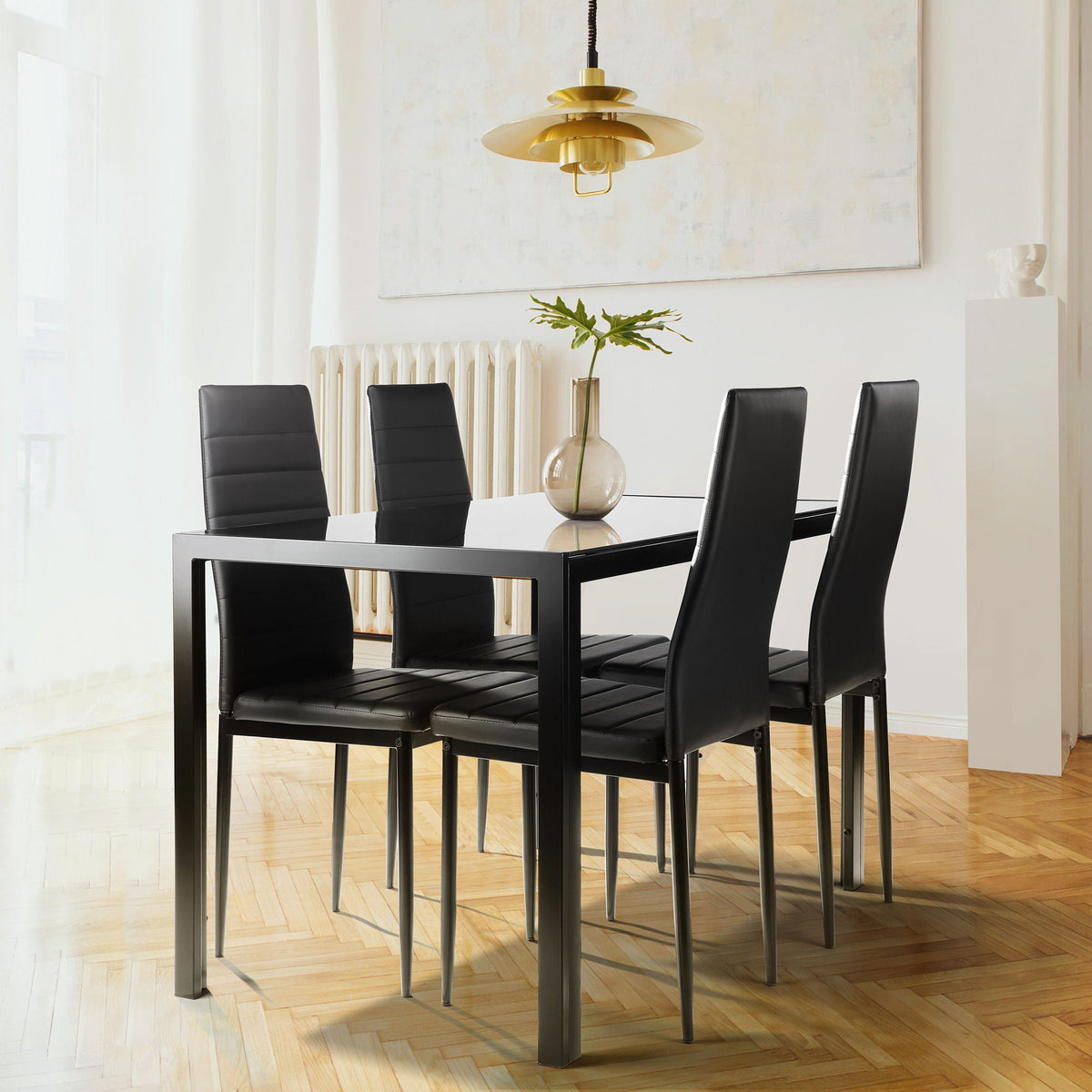 5 Piece Dining Table Set for 4 with Tempered Glass Table – Black