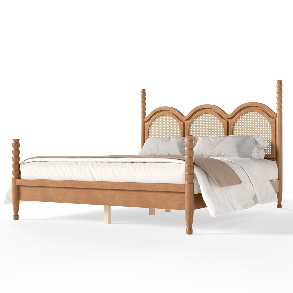 Queen Size Platform Bed with Arched Woven Headboard, Four Poster Stylish Wooden Bed Frame, Elegant Curved Headboard Bed Frame For Bedroom,Natural