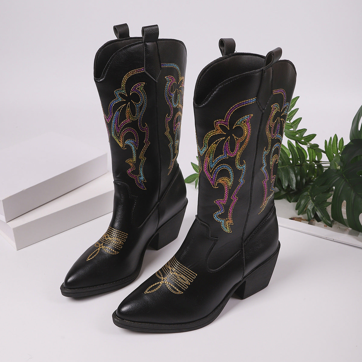 Women’s Embroidered Pointed Toe Chunky Heel Cowboy Boots | Western Mid-Calf Knight Boots