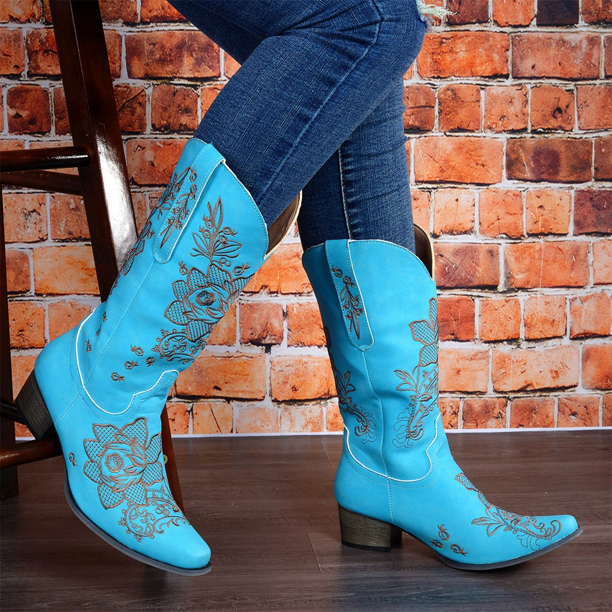 Womens Mid-Calf Boots With Embroidery Ethnic Style And A Comfortable Mid-Heel See size chart under “more details”