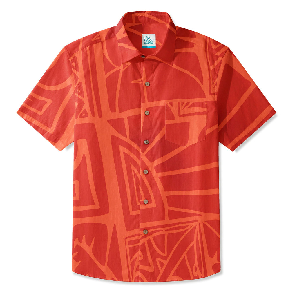 LeosWare® Men's Hawaiian Shirt Short Sleeve Button-up 95% Polyester, 5% Spandex Aloha Ember Tiki