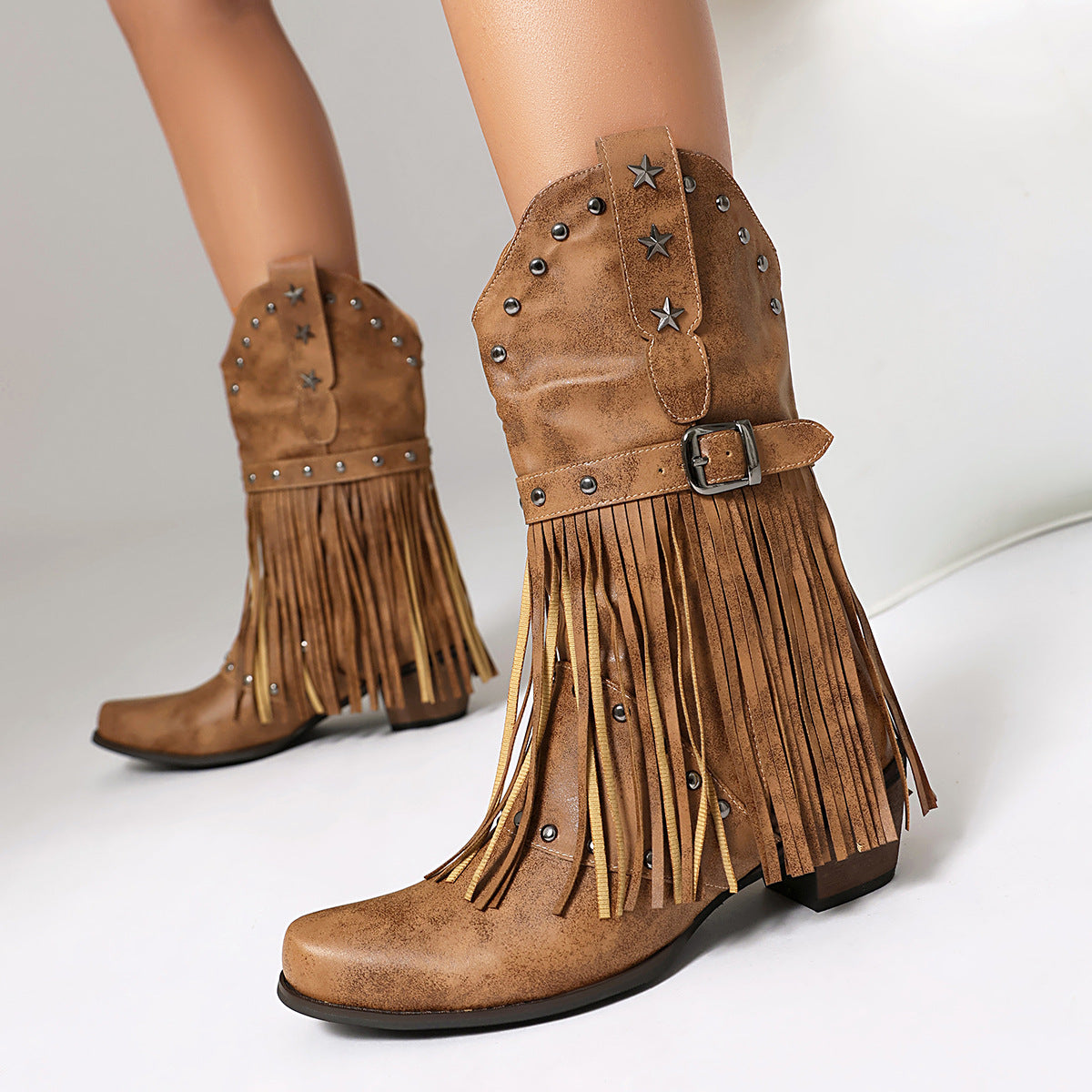 Autumn And Winter Tassel Women's Western Rivet Belt Buckle Tassel Middle Boots