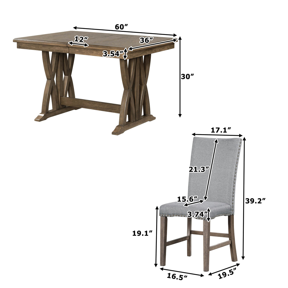 TOPMAX Mid Century Solid Wood 7-Piece Expandable Dining Table Set with Soft Cushioned Chair, Gold Brown+Gray Cushions