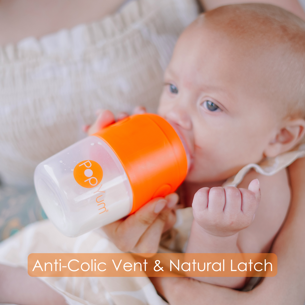 PopYum 5oz Anti-Colic Baby Bottle for Breast and Formula Feeding, 3-Pack, Orange, #1 Slow Flow Nipples
