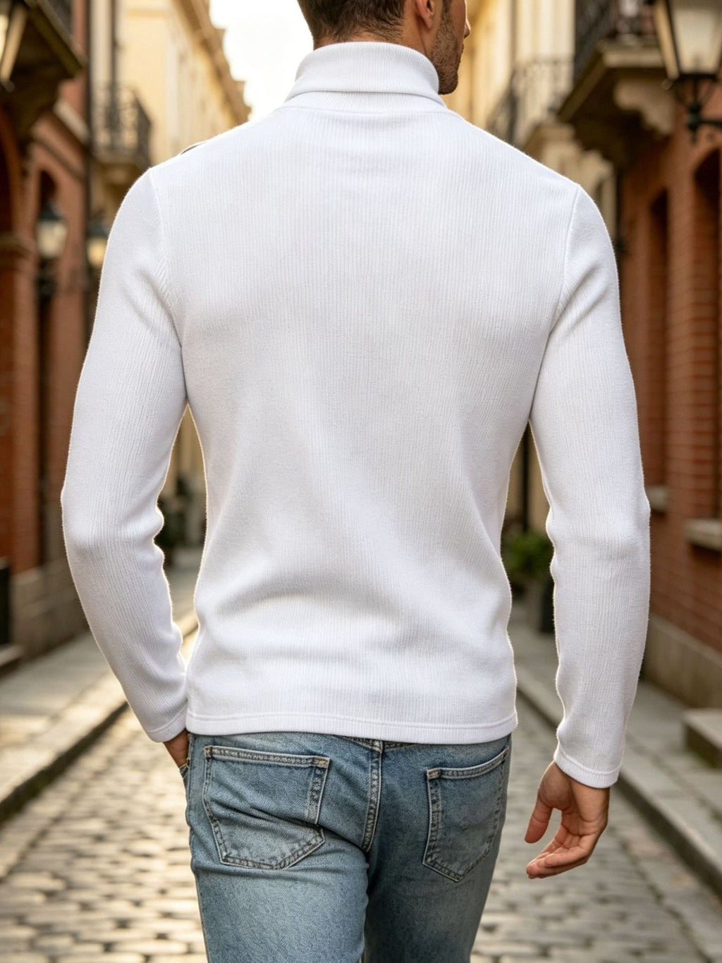 Cross-border European Size Men's High-neck Ribbed Texture T-shirt With Diagonal Buttons, Slim-fit Solid Color Long-sleeve Knitted Base Shirt Wholesale