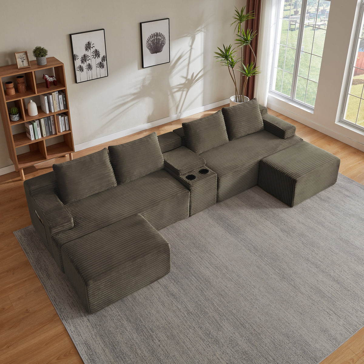 Compressible U-Shaped Sectional Sofa Set,Minimalist Style Modular Sectional Sofa, Corduroy Fabric Cloud Couch for Living Room