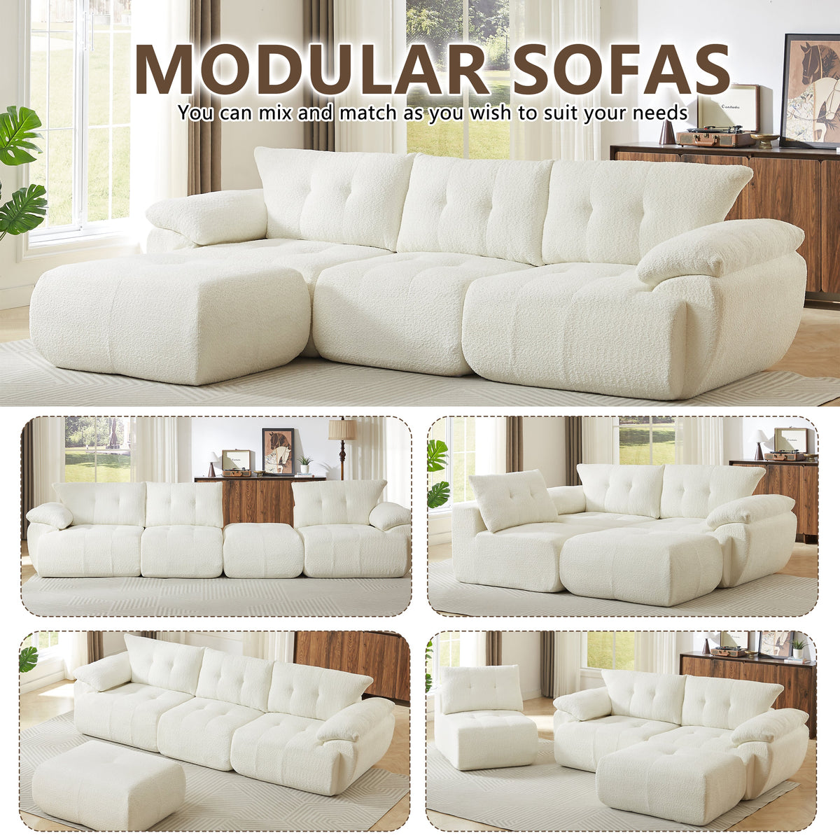 115'' Large Modern 3-Seater Sofa with Curved Horn Backrest - Beige, Green, or Black