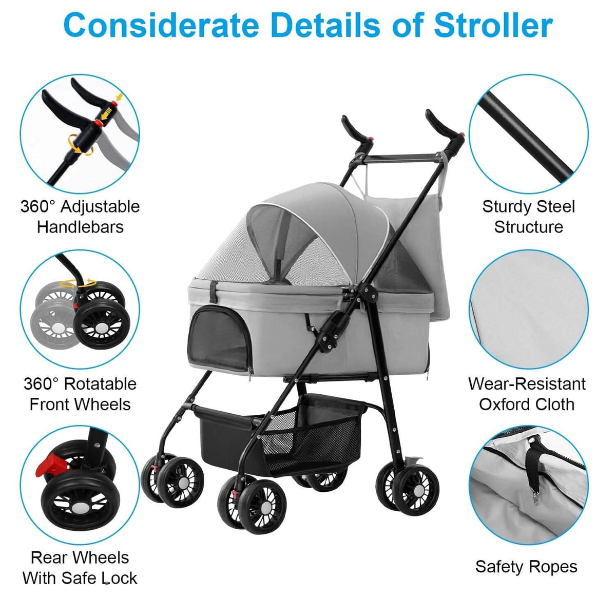 4 Wheels Pet Stroller Foldable with Removable Liner Storage Basket