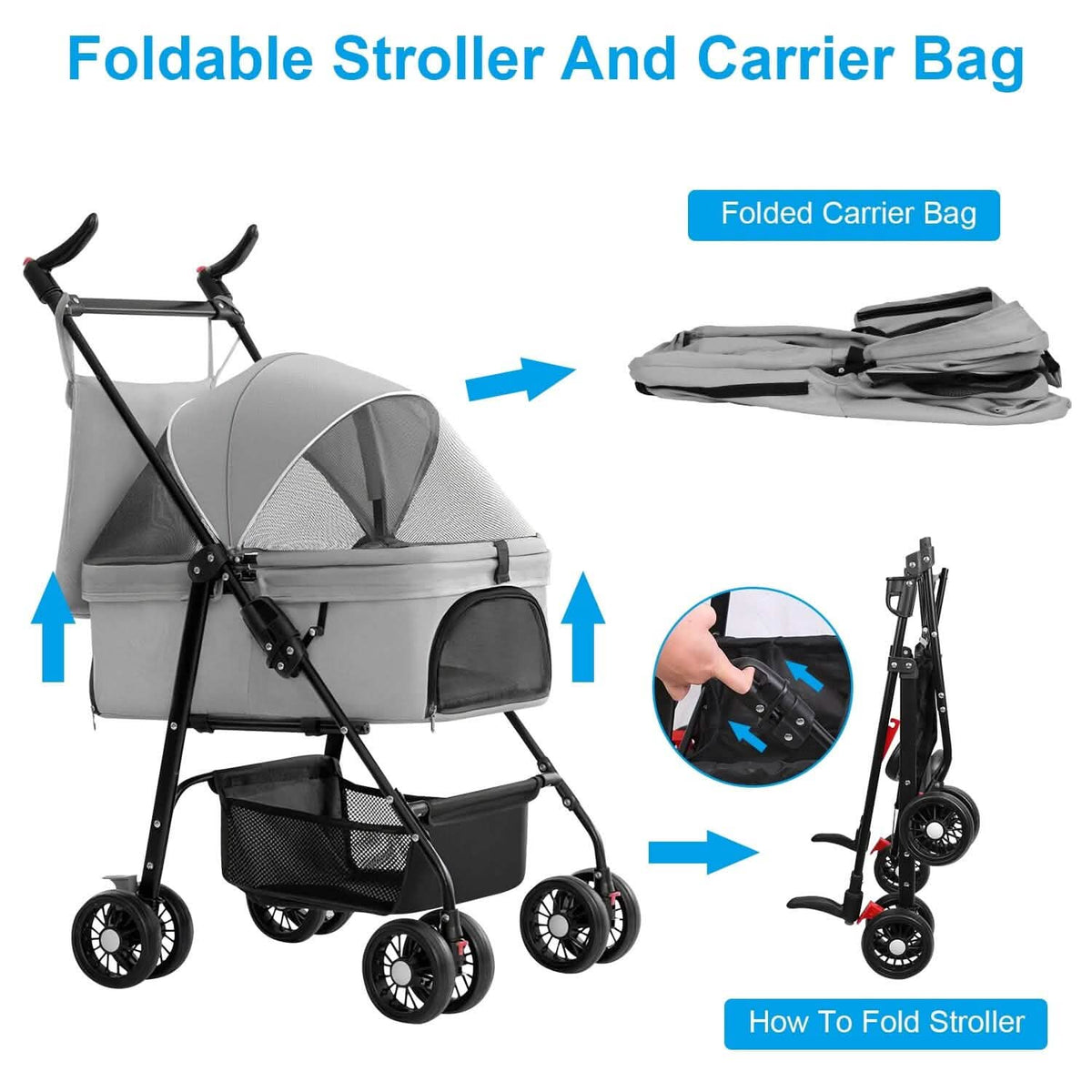 4 Wheels Pet Stroller Foldable with Removable Liner Storage Basket