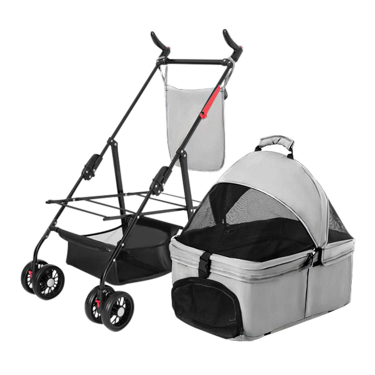 4 Wheels Pet Stroller Foldable with Removable Liner Storage Basket