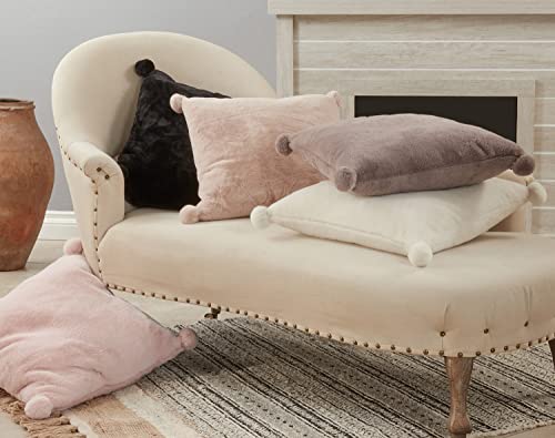 Fennco Styles Plush Faux Rabbit Fur Pom Pom Decorative Filled Throw Pillow 18" W x 18" L – Grey Cushion for Couch, Bedroom, Living Room and Office Décor