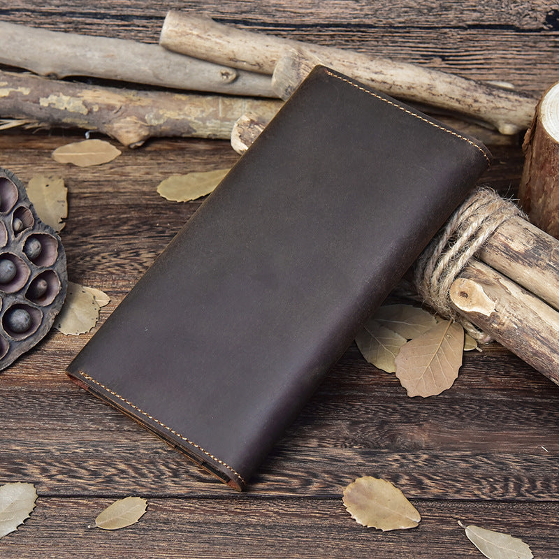 Men's Retro Crazy Horse Leather Long Genuine Men's Wallets