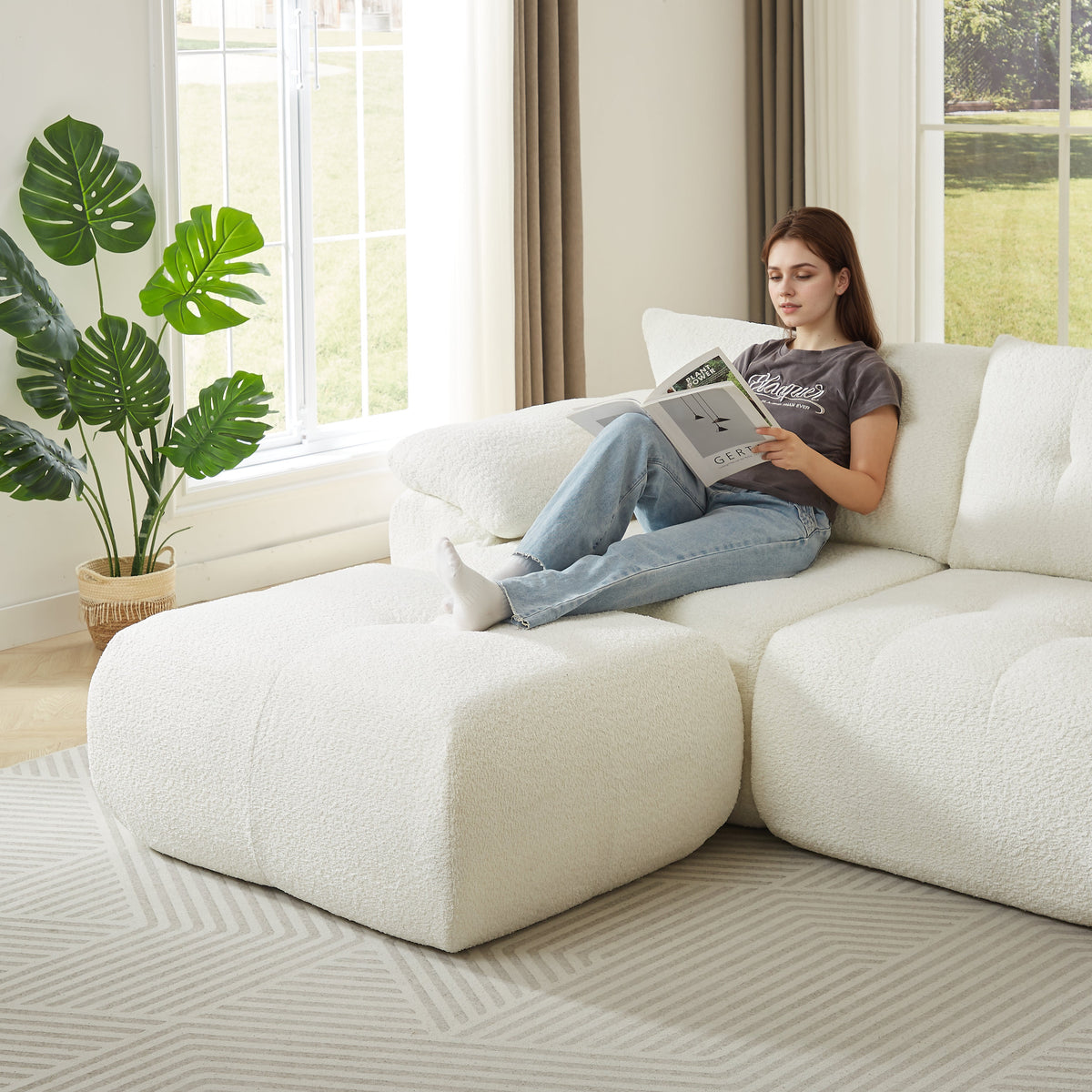 115'' Large Modern 3-Seater Sofa with Curved Horn Backrest - Beige, Green, or Black