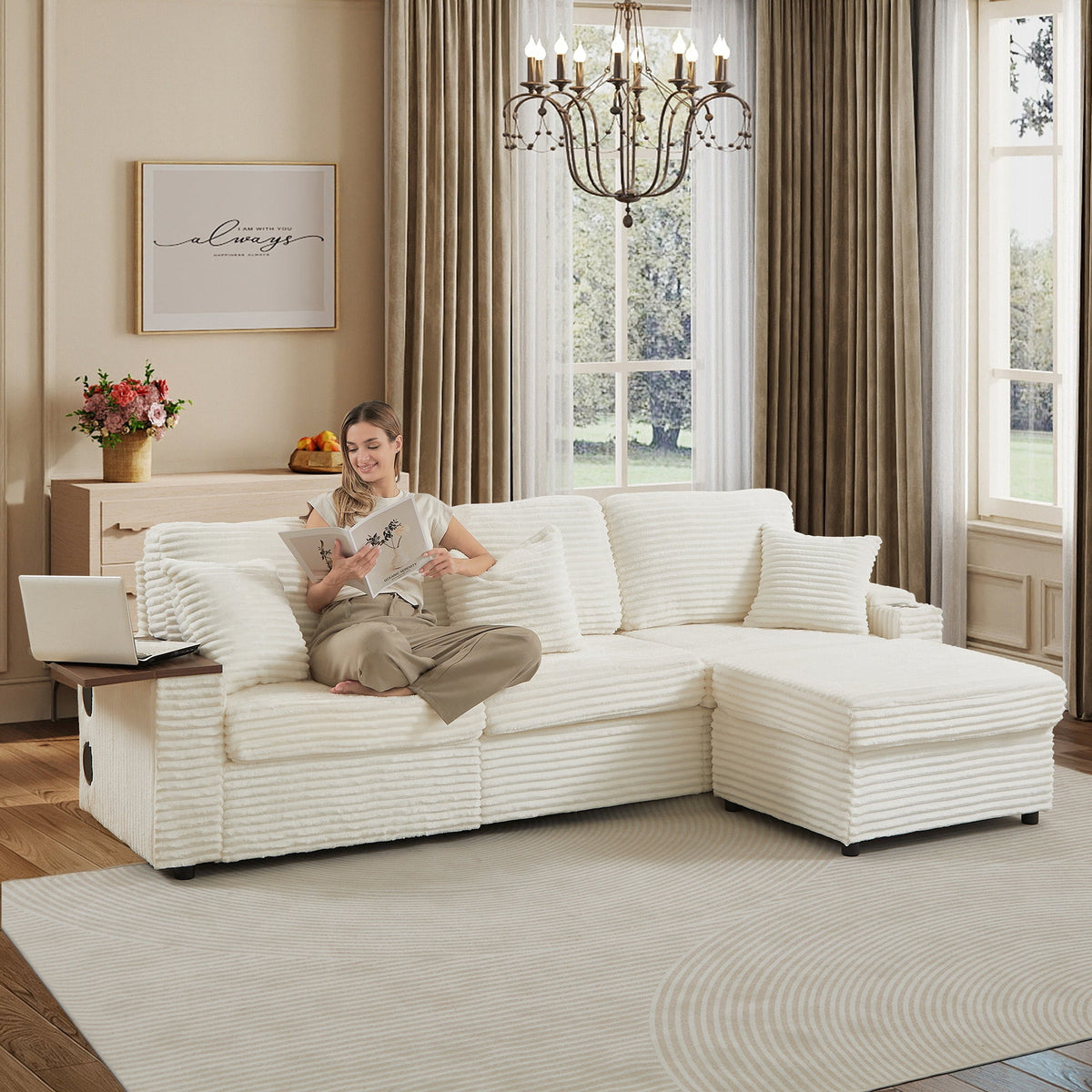 Oversized Modular Sectional Couch,Corduroy Sofa with  Cup Holders, USB Port,Storage Space and Bluetooth Speaker for Living room and Bedroom