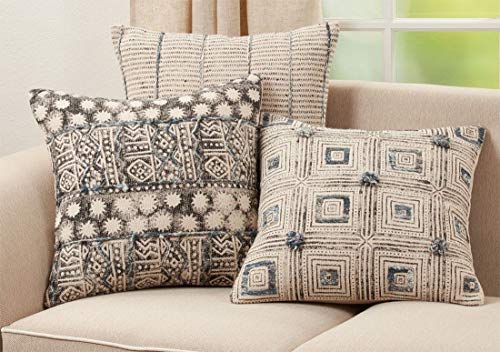 Fennco Styles Embroidered Block Print Cotton Decorative Throw Pillow 20" W x 20" L - Blue Cushion for Christmas, Holiday, Home, Couch, Living Room and Office Décor
