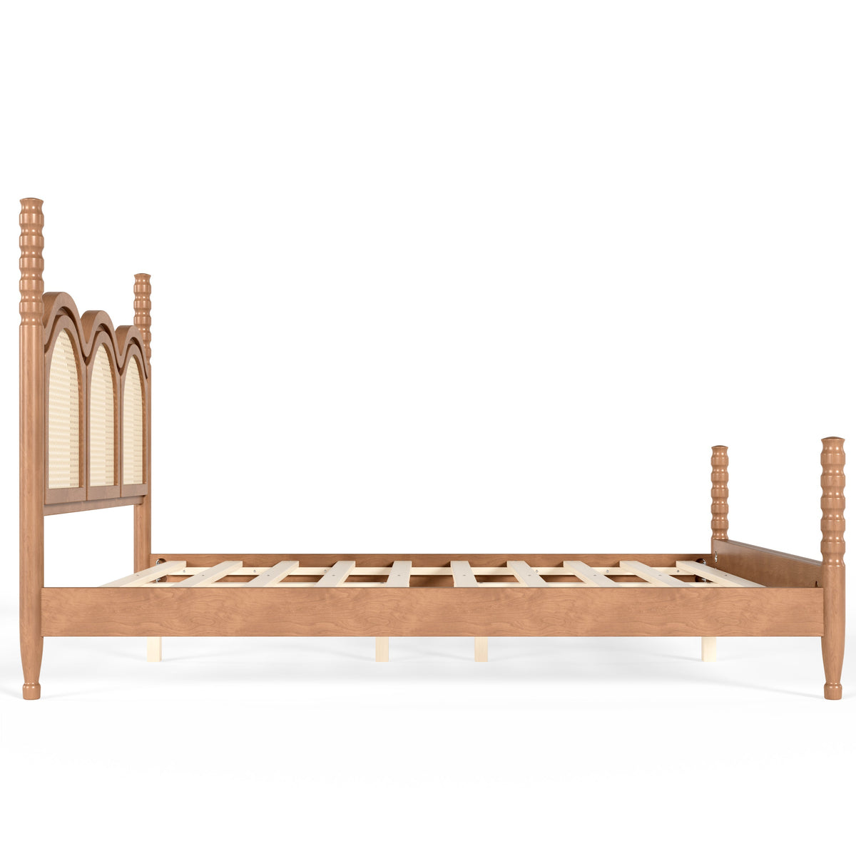 Queen Size Platform Bed with Arched Woven Headboard, Four Poster Stylish Wooden Bed Frame, Elegant Curved Headboard Bed Frame For Bedroom,Natural