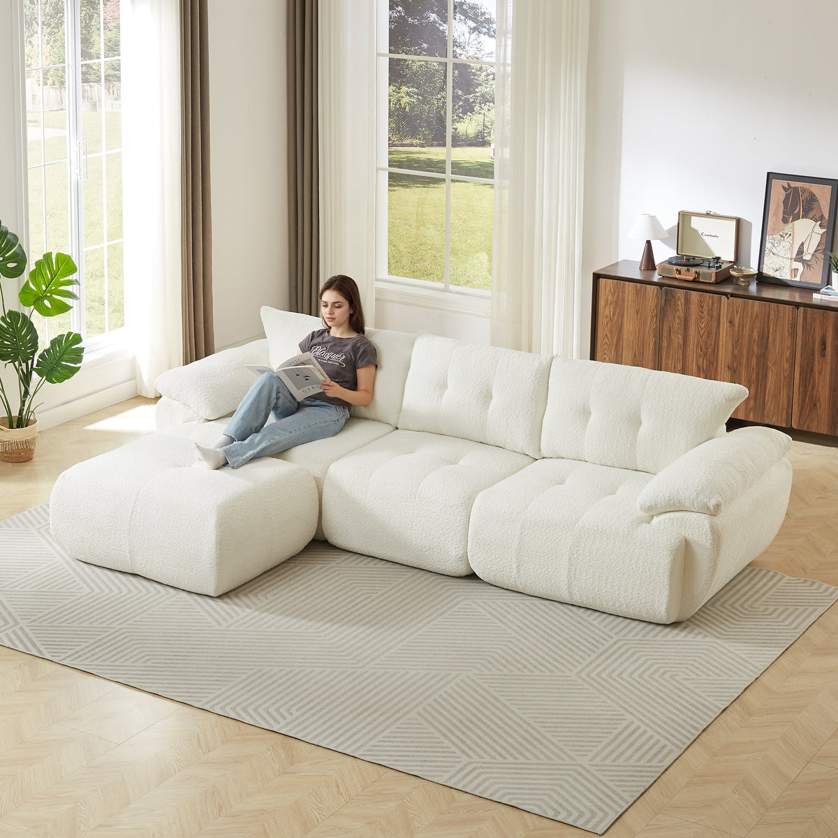 115'' Large Modern 3-Seater Sofa with Curved Horn Backrest - Beige, Green, or Black