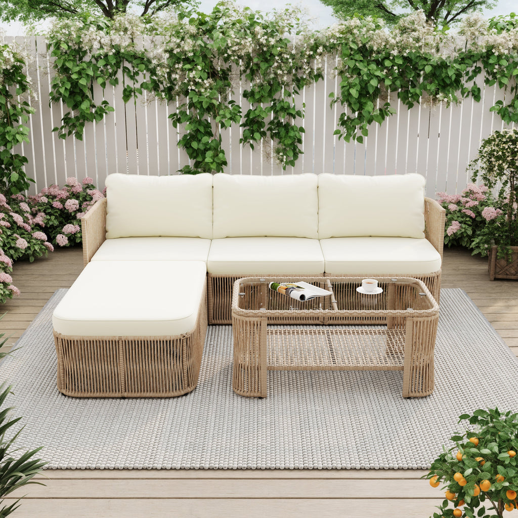 Outdoor PE Rattan Patio Furniture Set with Iron Frame - Dark Beige