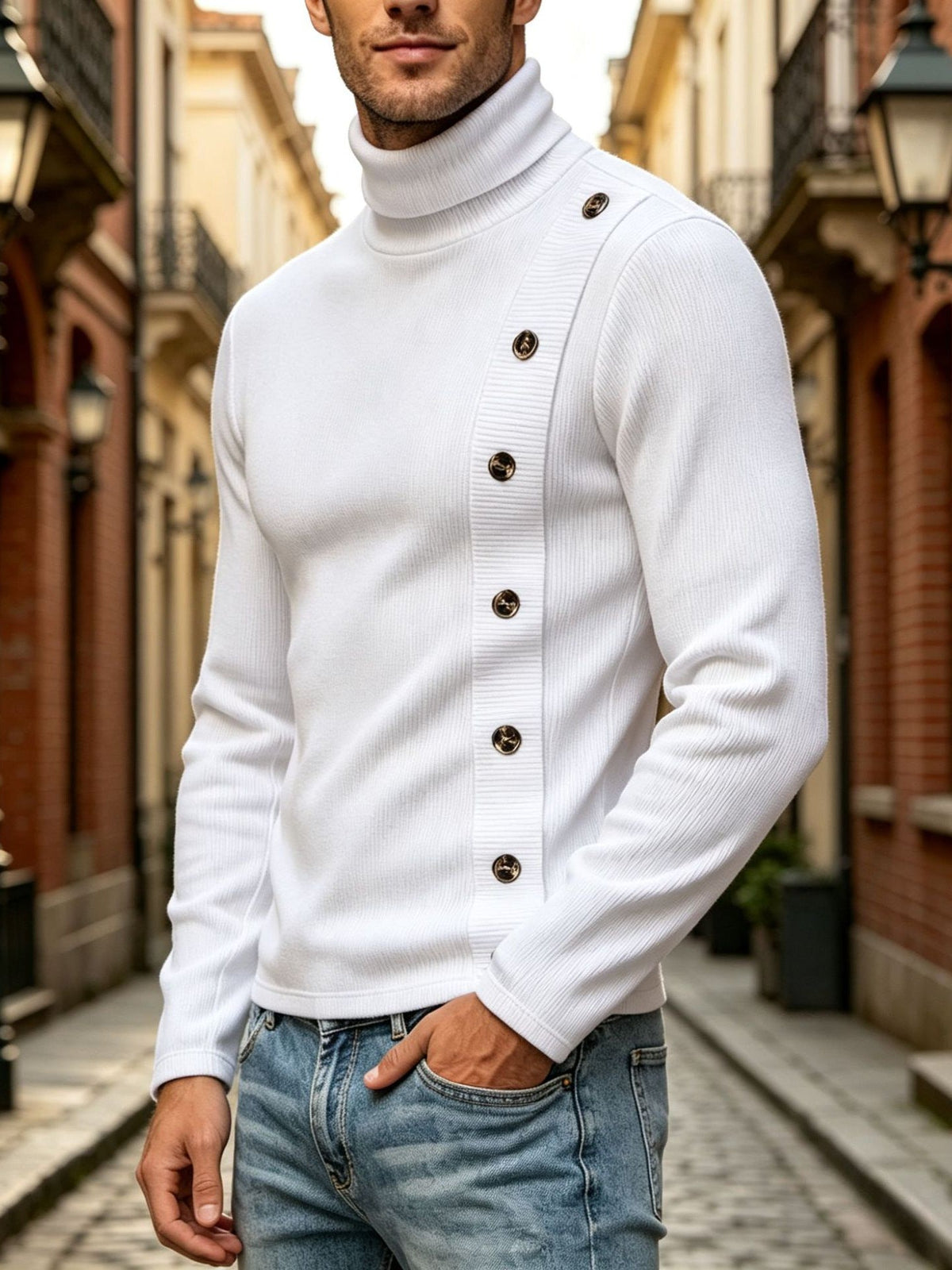 Cross-border European Size Men's High-neck Ribbed Texture T-shirt With Diagonal Buttons, Slim-fit Solid Color Long-sleeve Knitted Base Shirt Wholesale